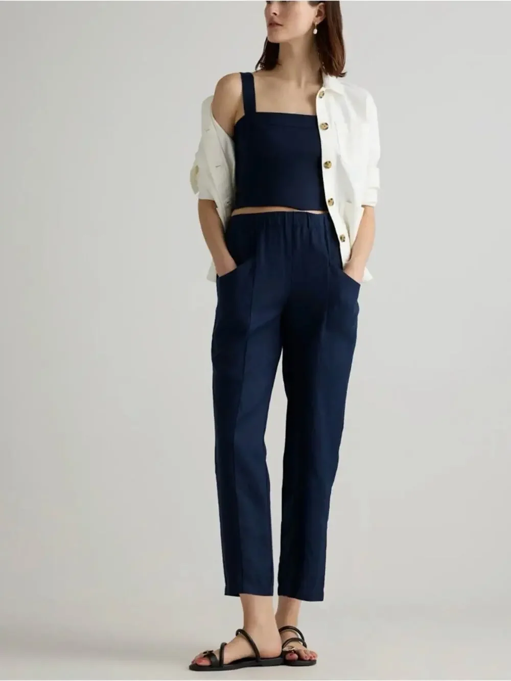NWT QUINCE 100% European Linen Tapered Ankle Pants Elastic-Waist Deep Navy Sz S